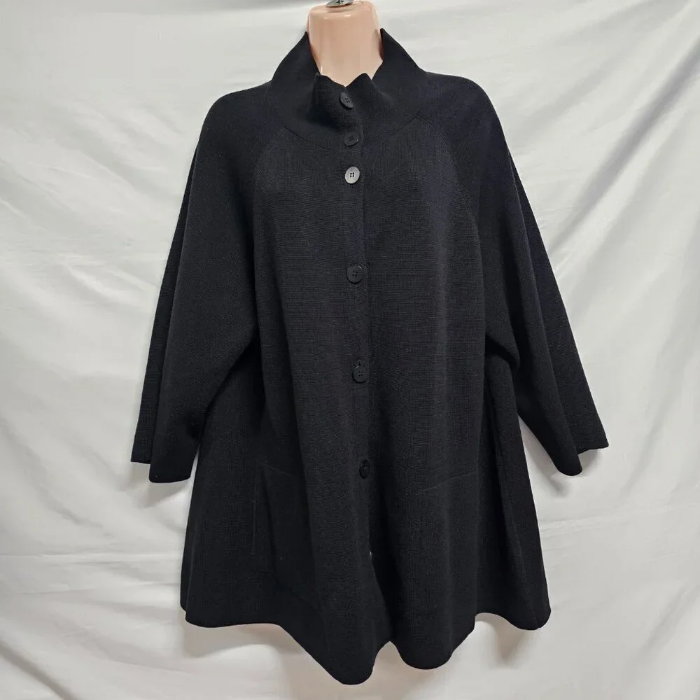 Eileen Fisher Button Up Mock Neck Kimono Jacket Women Size L Black Silk/Cotton